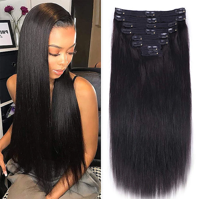 Get fuller, longer hair in minutes with our Straight Clip in Hair Extensions! Easy home installation, 100% human hair. Elevate your style – order now!